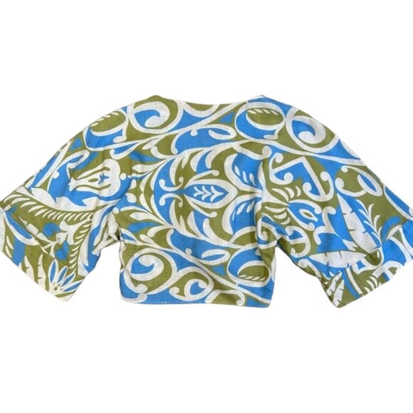 ZARA Linen Blend Crop Top Boho Print Knot Front Blouse Multicolor sky blue XS - Picture 6 of 11